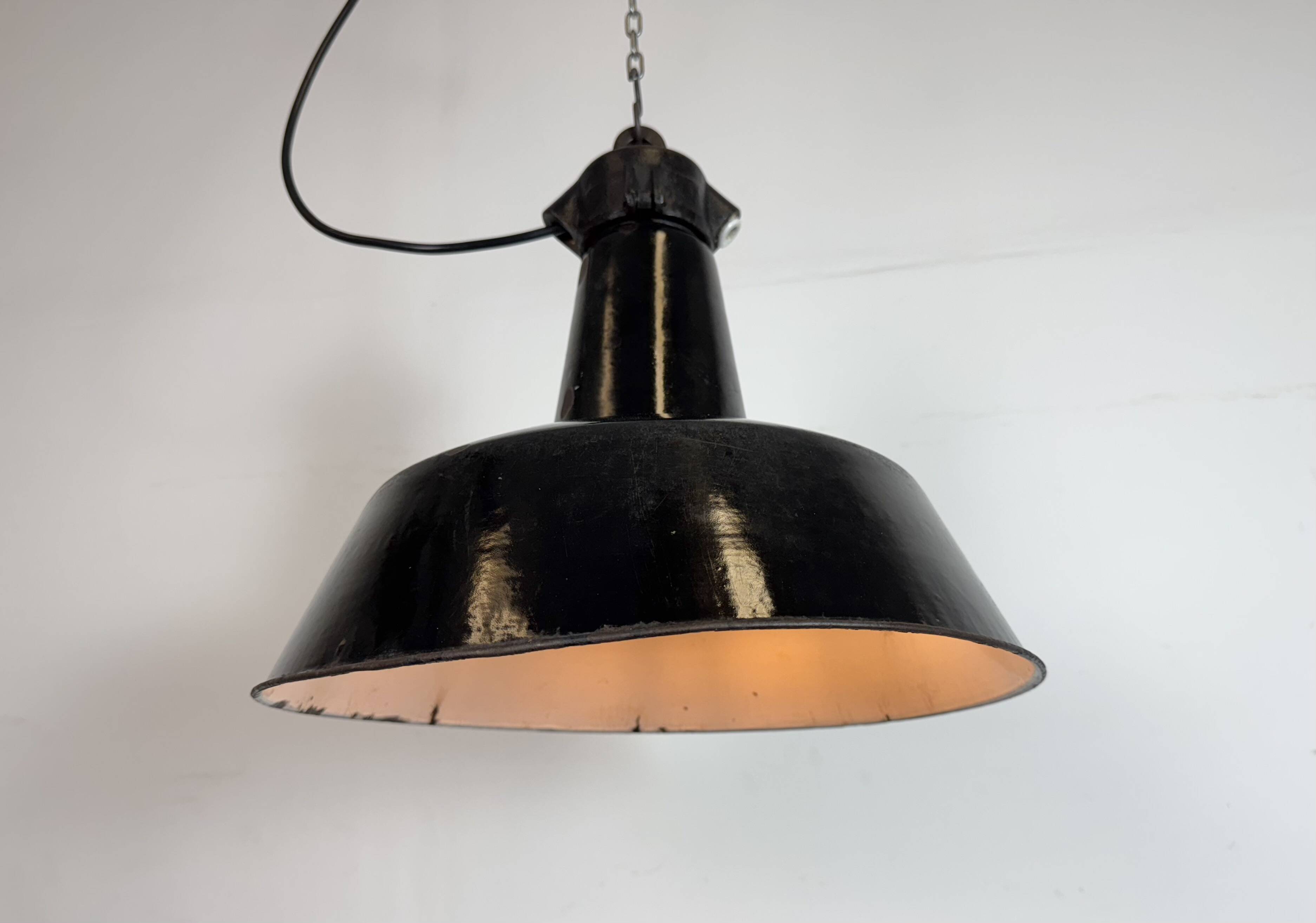 Industrial Black Enamel Factory Lamp with Cast Iron Top, 1950s