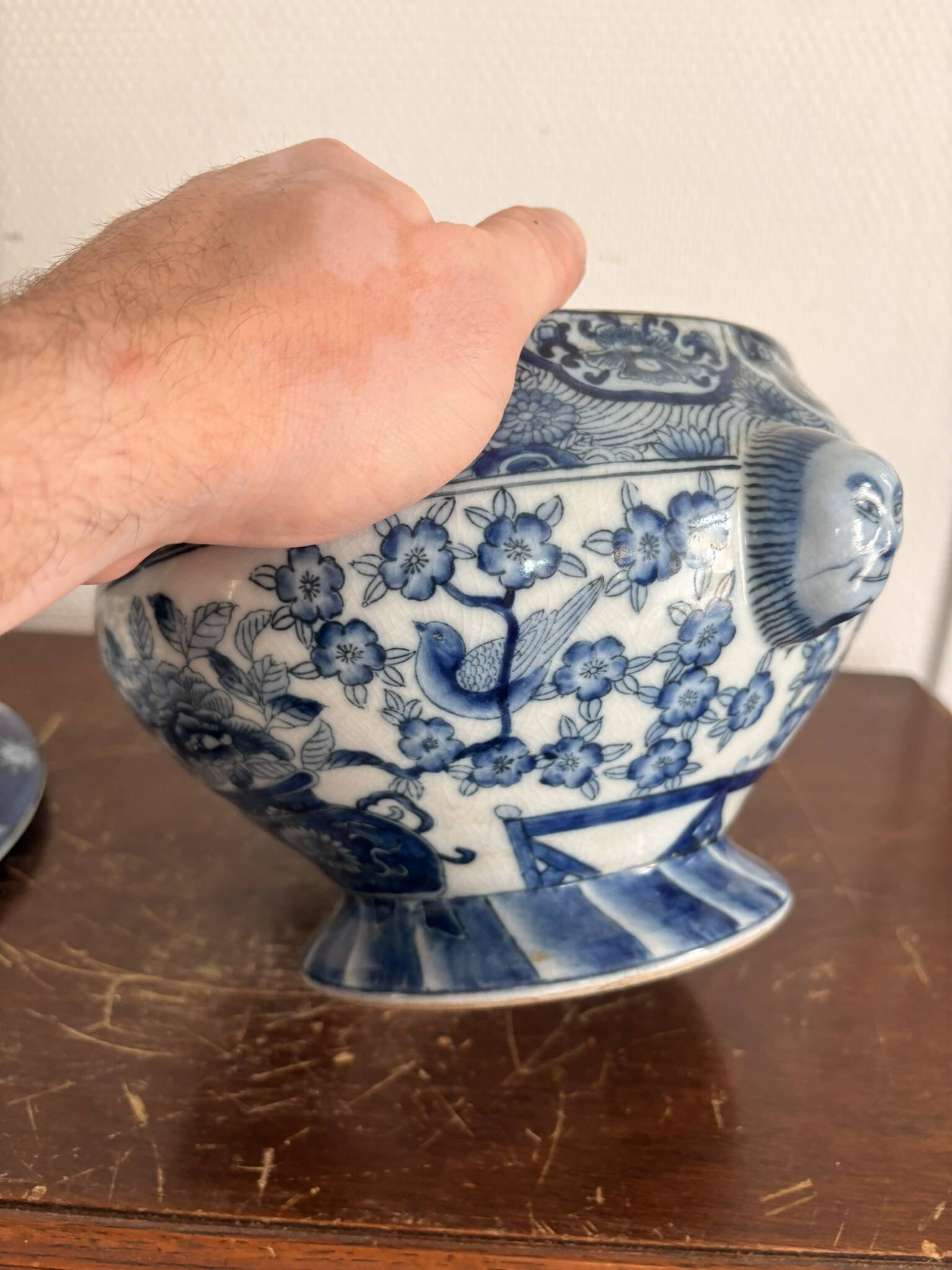 Antique Chinese Soup Tureen Porcelain Blue Bird Flower Decor Republic Period