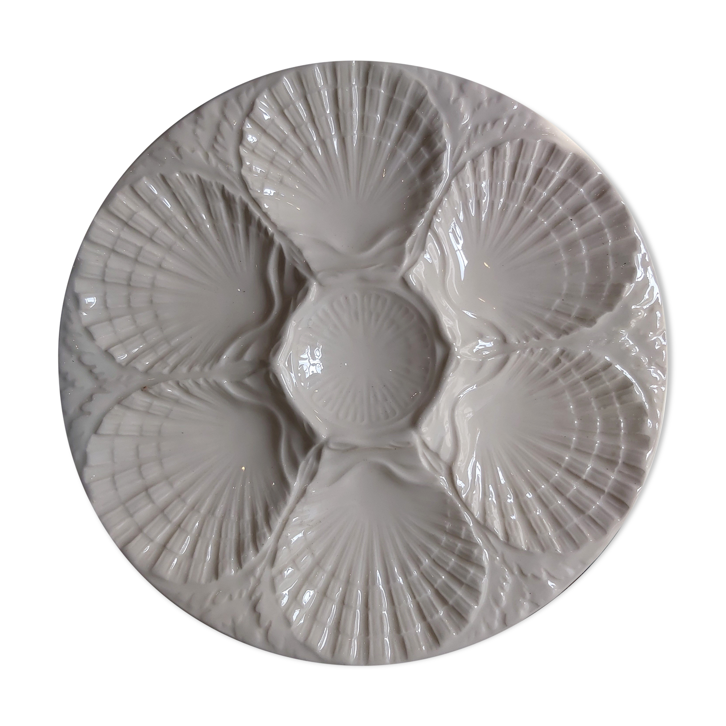 Vintage French white Majolica oyster plate