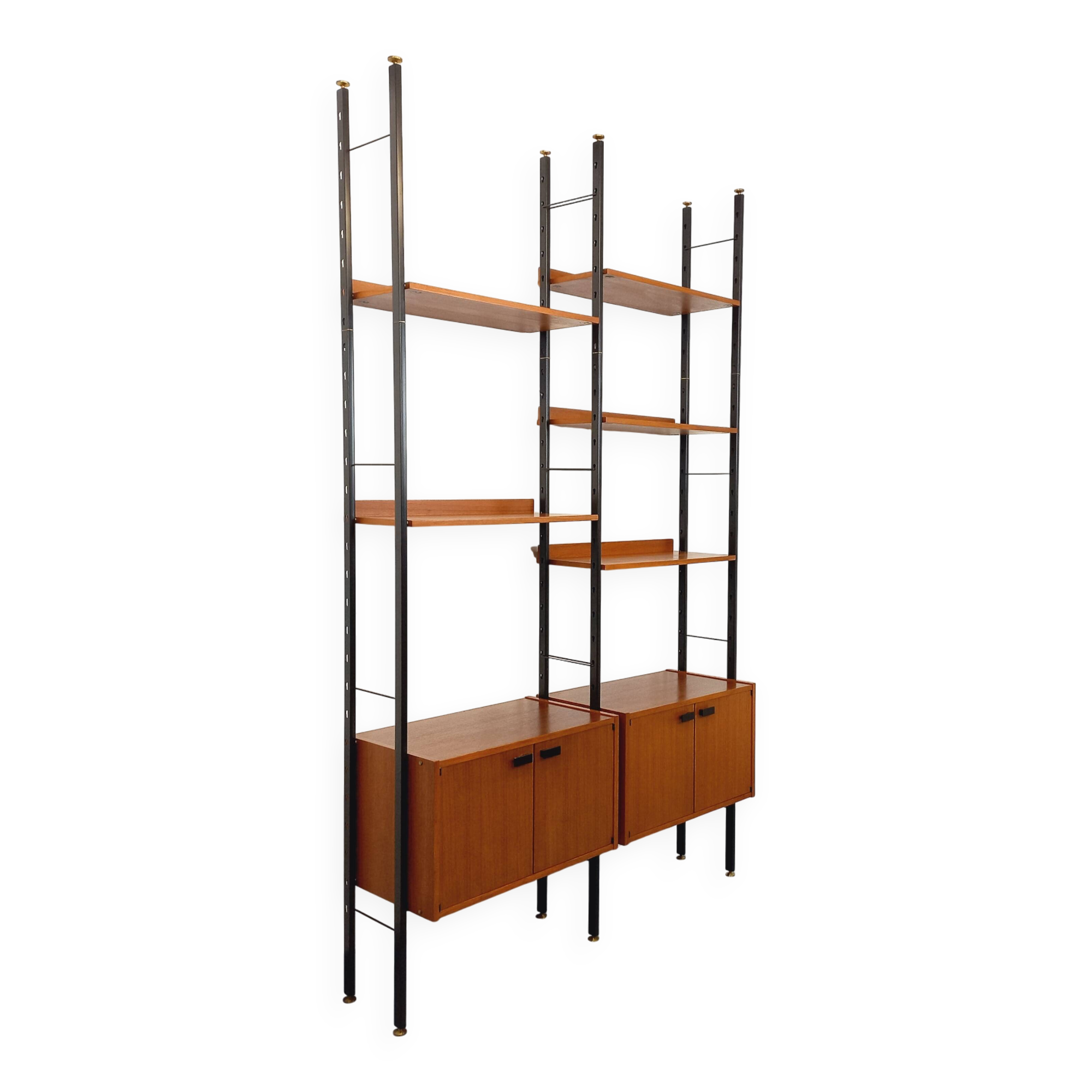 Vintage Italian double modular shelf bookcase in teak and metal