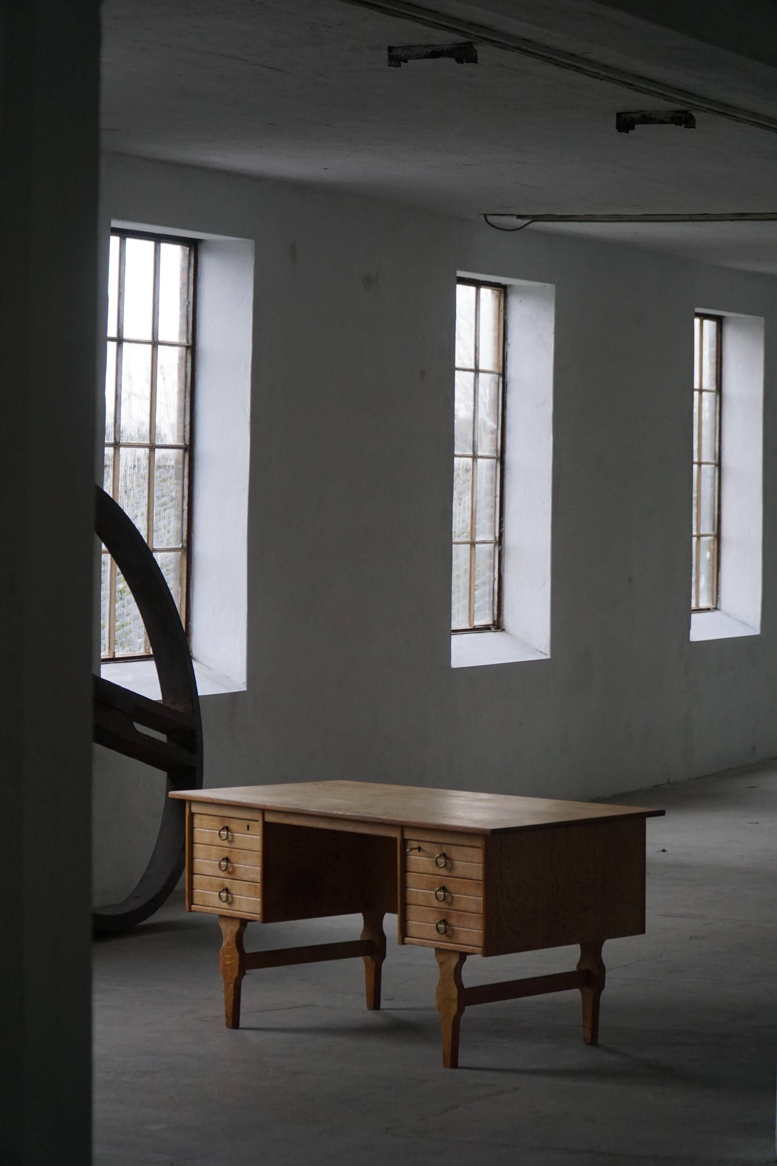 Free-standing oak desk by Henning Kjærnulf, mid-century Danish modernism, 1950s.
