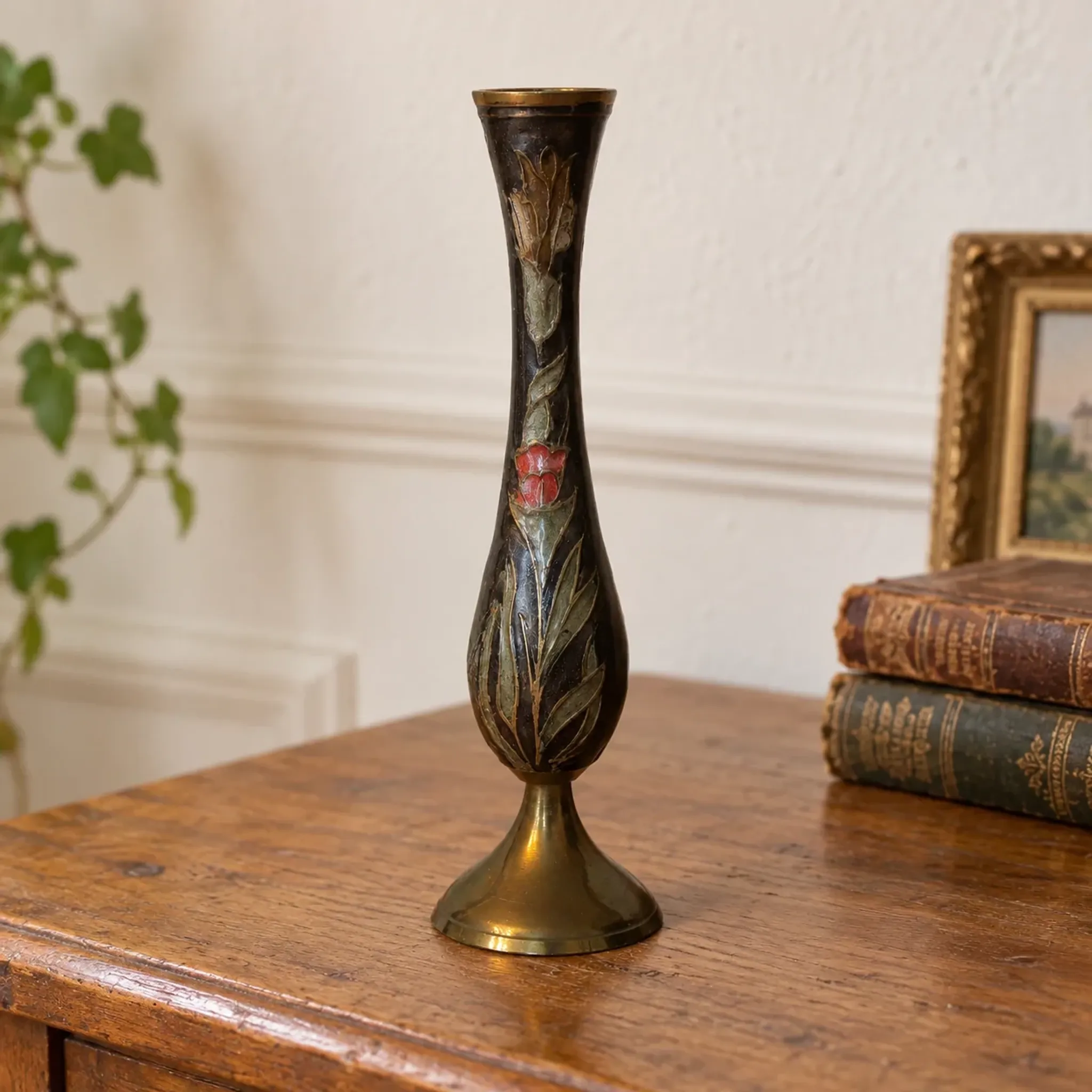 Vintage brass soliflore vase with black, red, and green floral decoration – H 18 cm