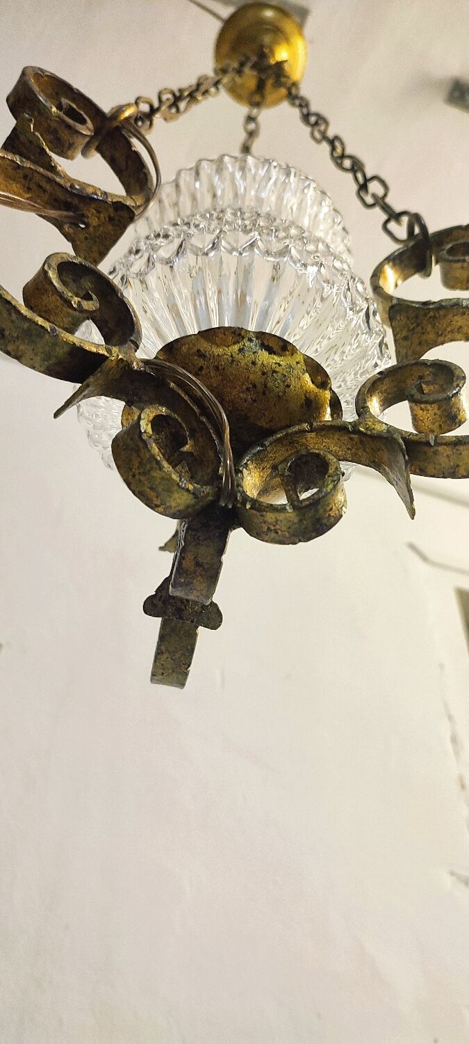 Ceiling lamp wrought iron and glass Spain, 1970s