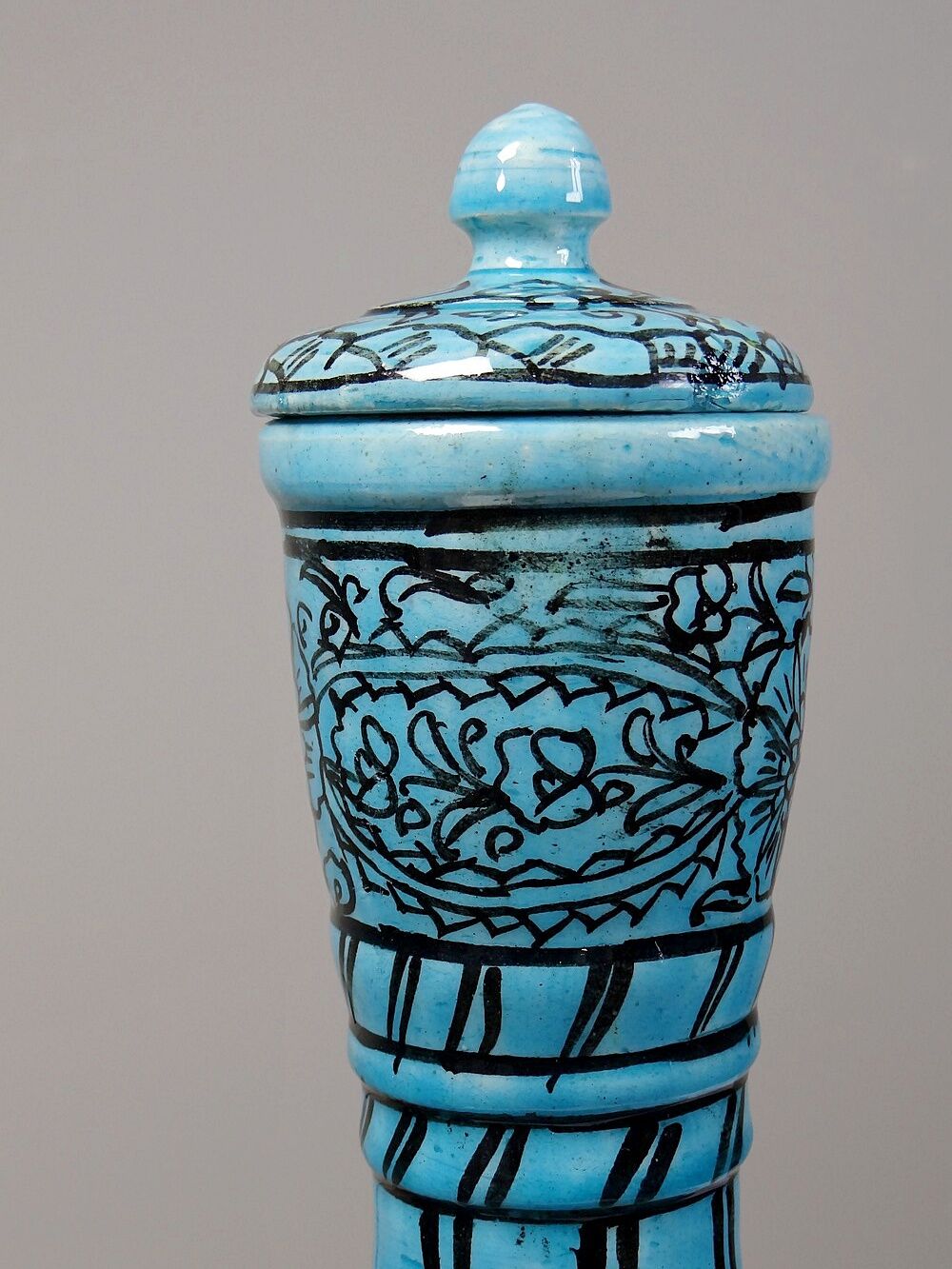Covered vase or Persian jar, glazed Iznik pottery, vintage turquoise painted.