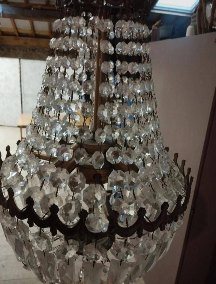 Lustre montgolfiere 3 feux bronze pampille cristal