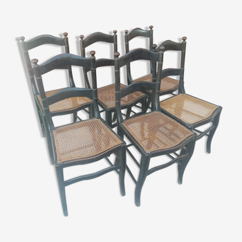 Série de 6 chaises époque Napoléon III en bois noirci et cannage