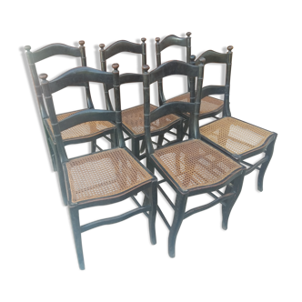 Série de 6 chaises époque Napoléon III en bois noirci et cannage