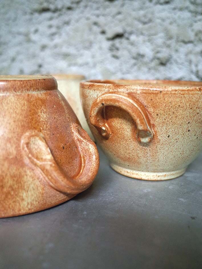 Set of 5 large sandstone bowls signed
