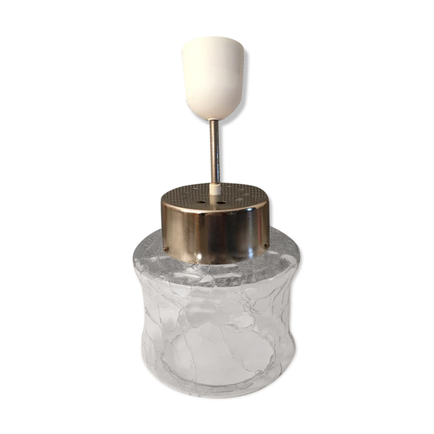 Vintage pendant light with laminated effect glass globe and chrome attachment
