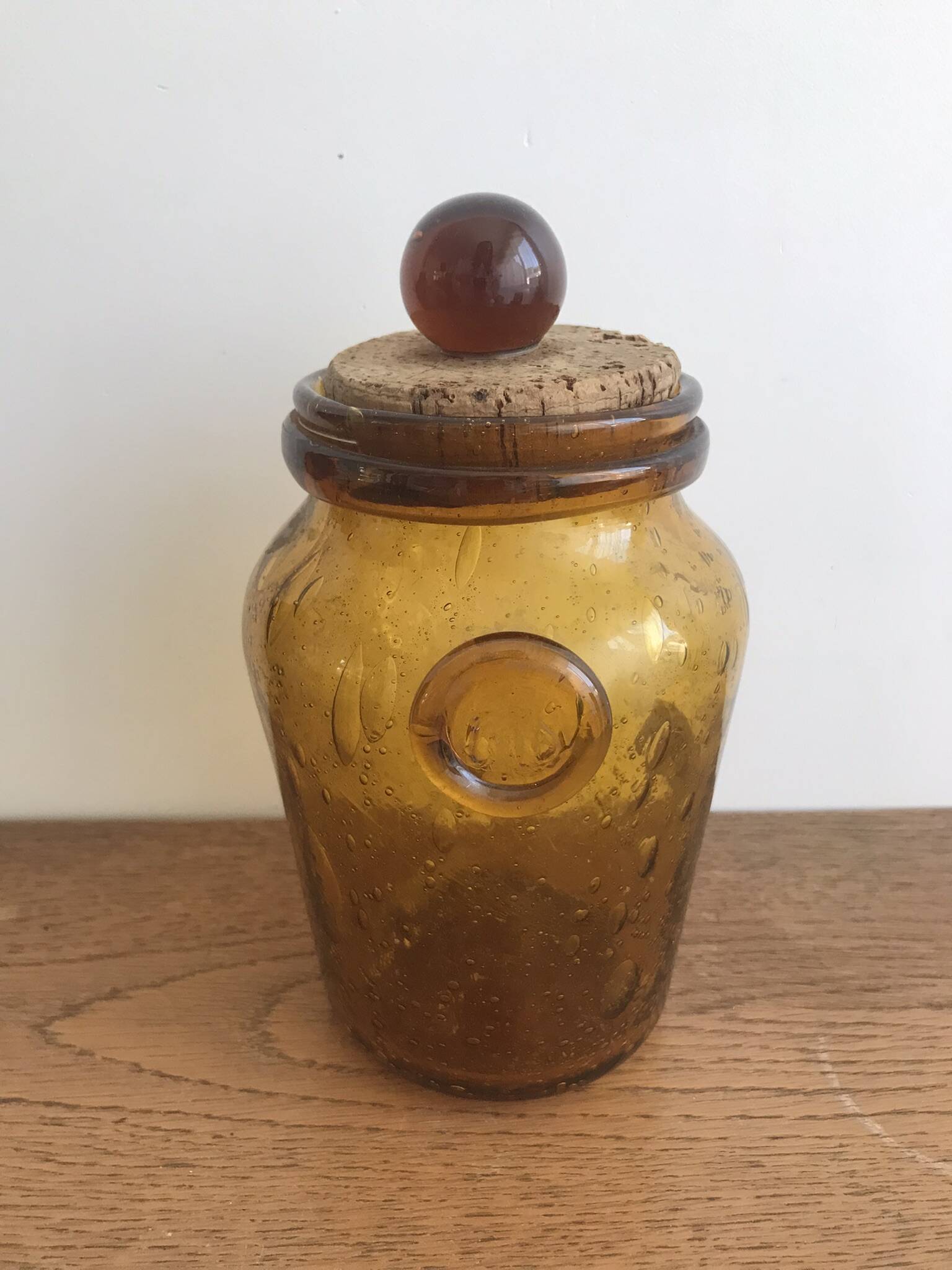 Handmade jar in blown bubbled glass Biot amber