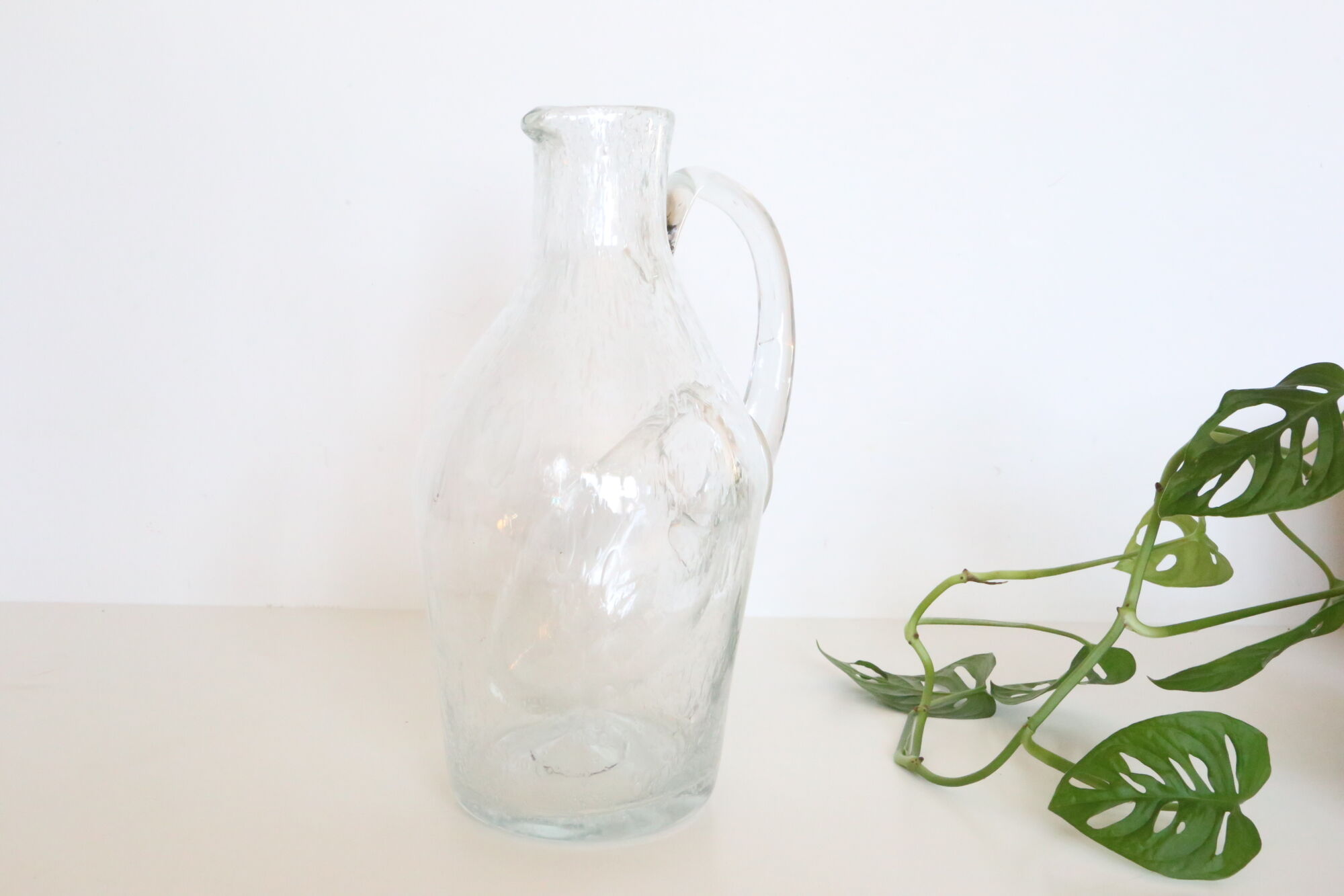 Bubbled glass pitcher with ice tank, handcrafted, French vintag manufacturing
