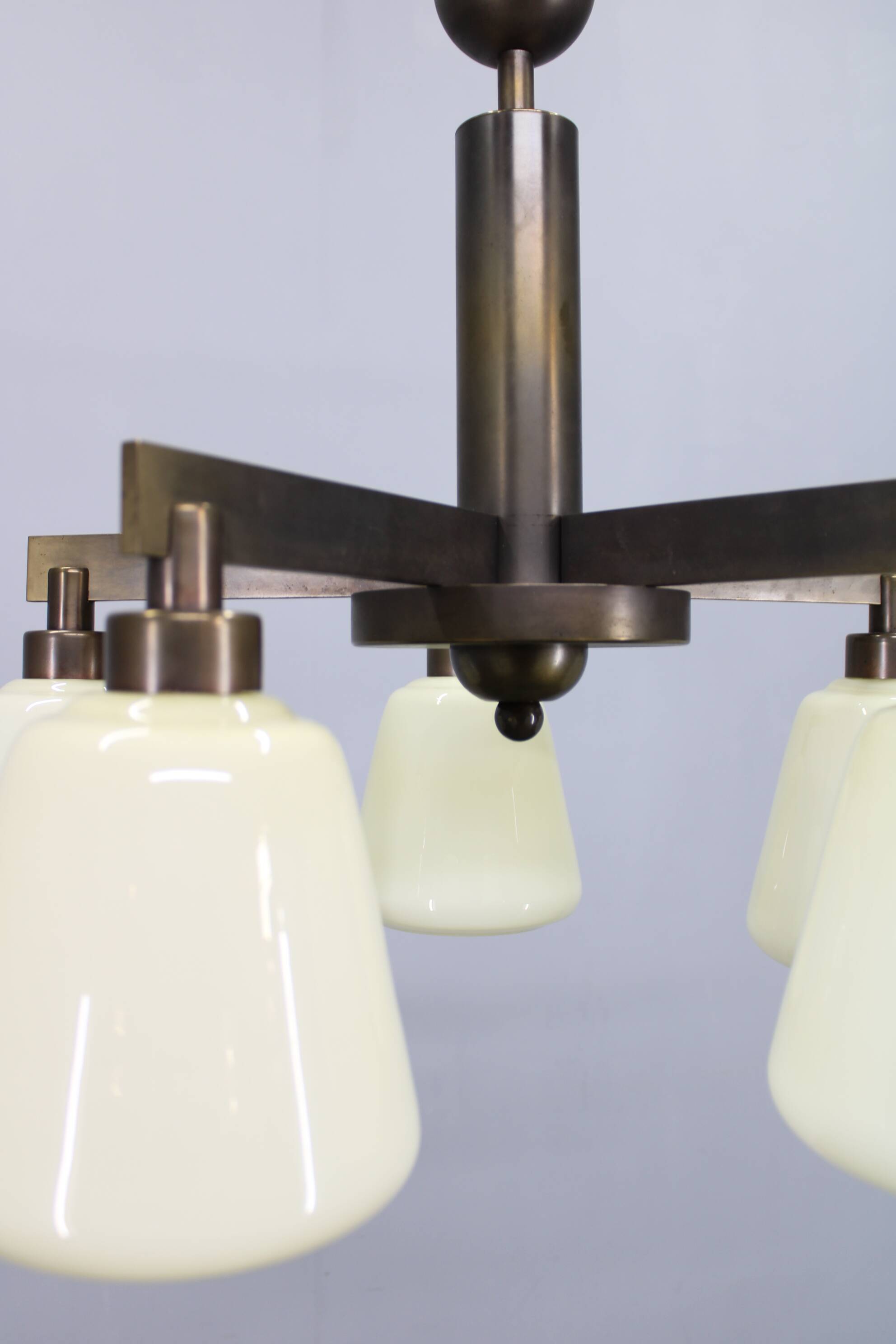 1930s Art Deco Brass Chandelier, Czechoslovakia