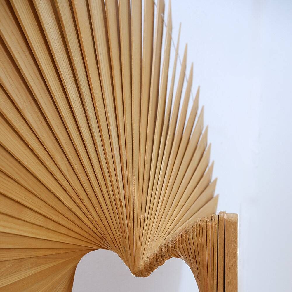 Pine folding screen in the shape of a fan, modern style, France, 1970s - Ø 113cm