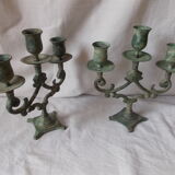 Pair of metal candlesticks patina green grey