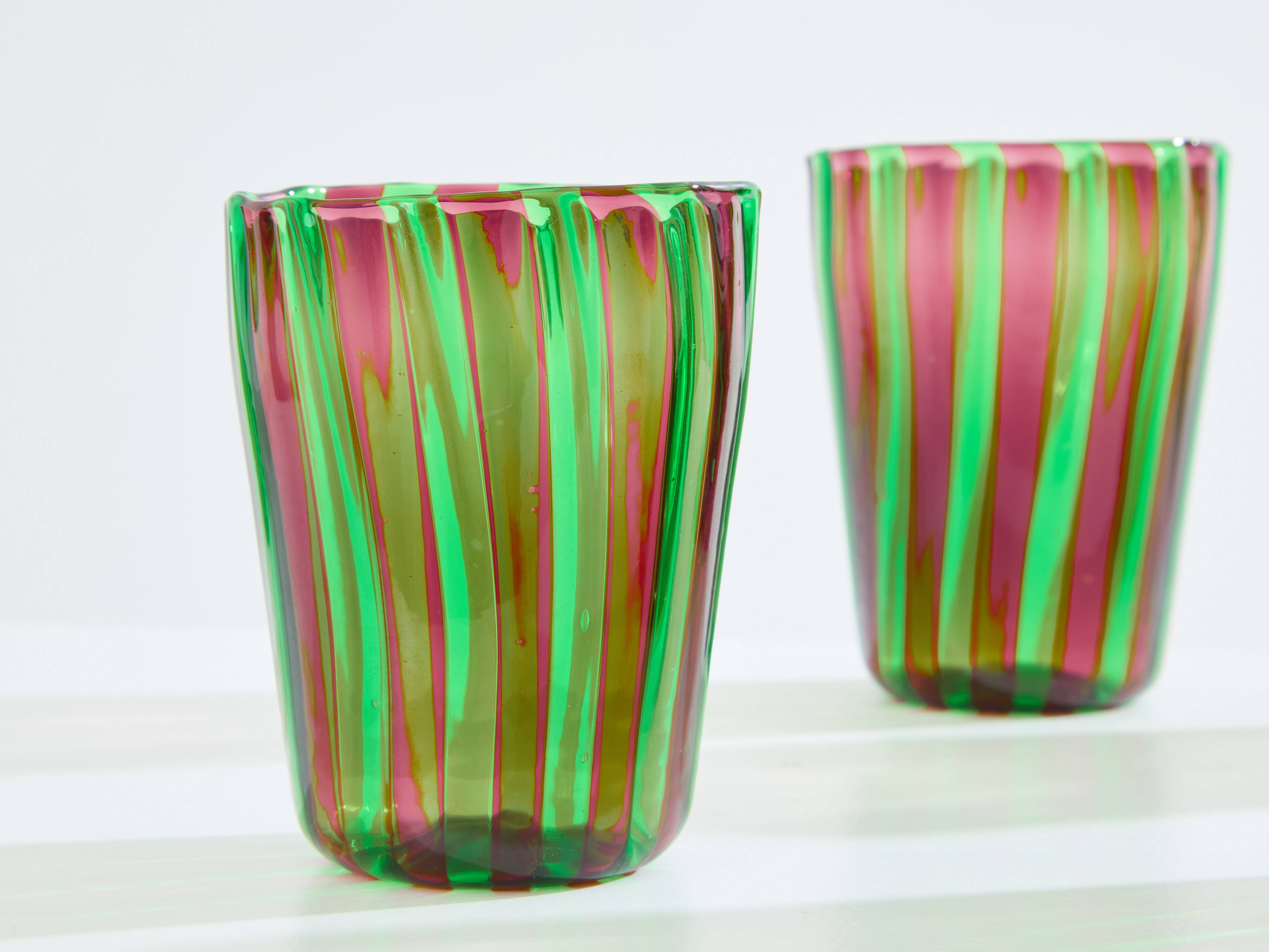 Set of 6 green and purple Murano tumbler glasses circa 1980
