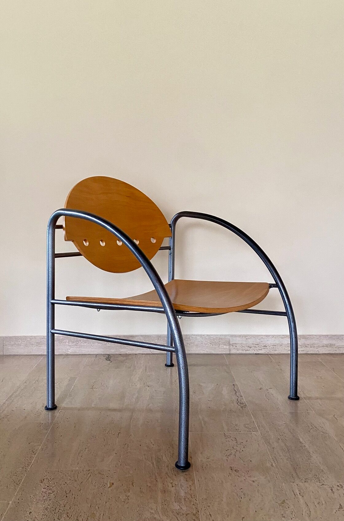 Pair of wooden and steel armchairs, 1980's