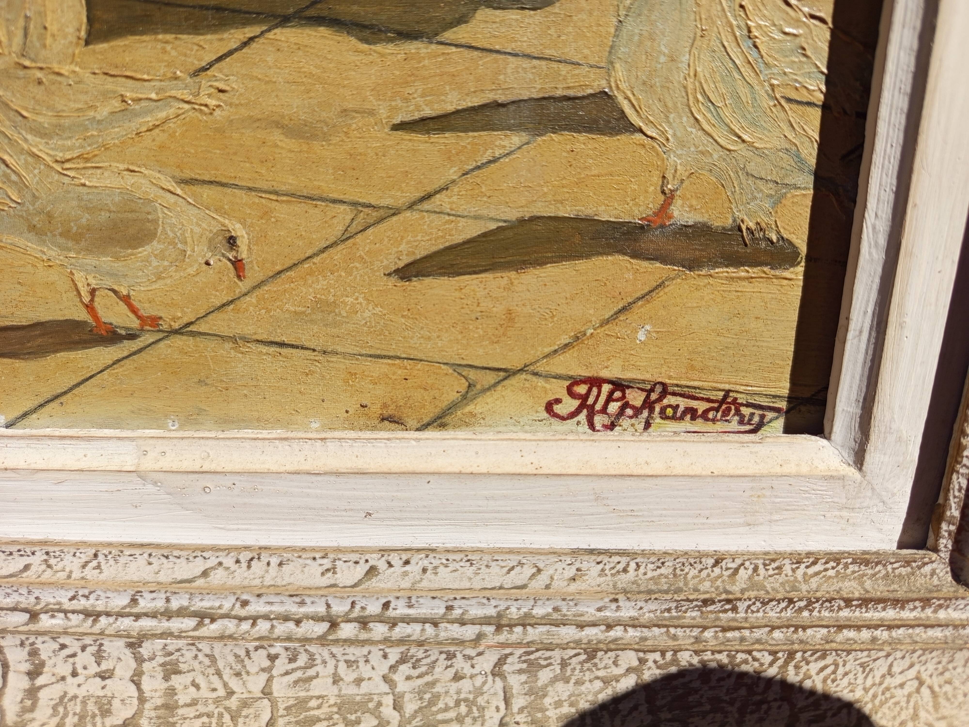 Signed Alphadery Painting – Doves in a Sunlit Courtyard, Antique Frame