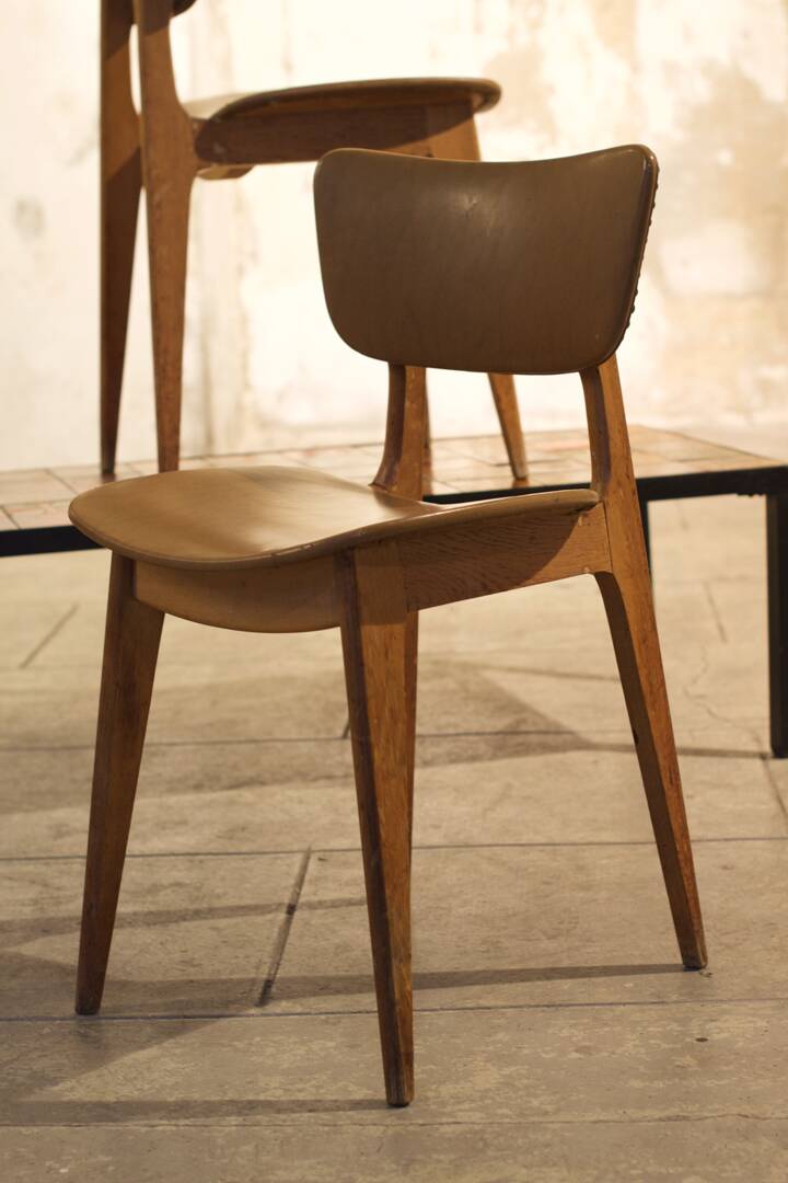 Trio of vintage 6157 chairs by Roger Landault leather and wood 1950