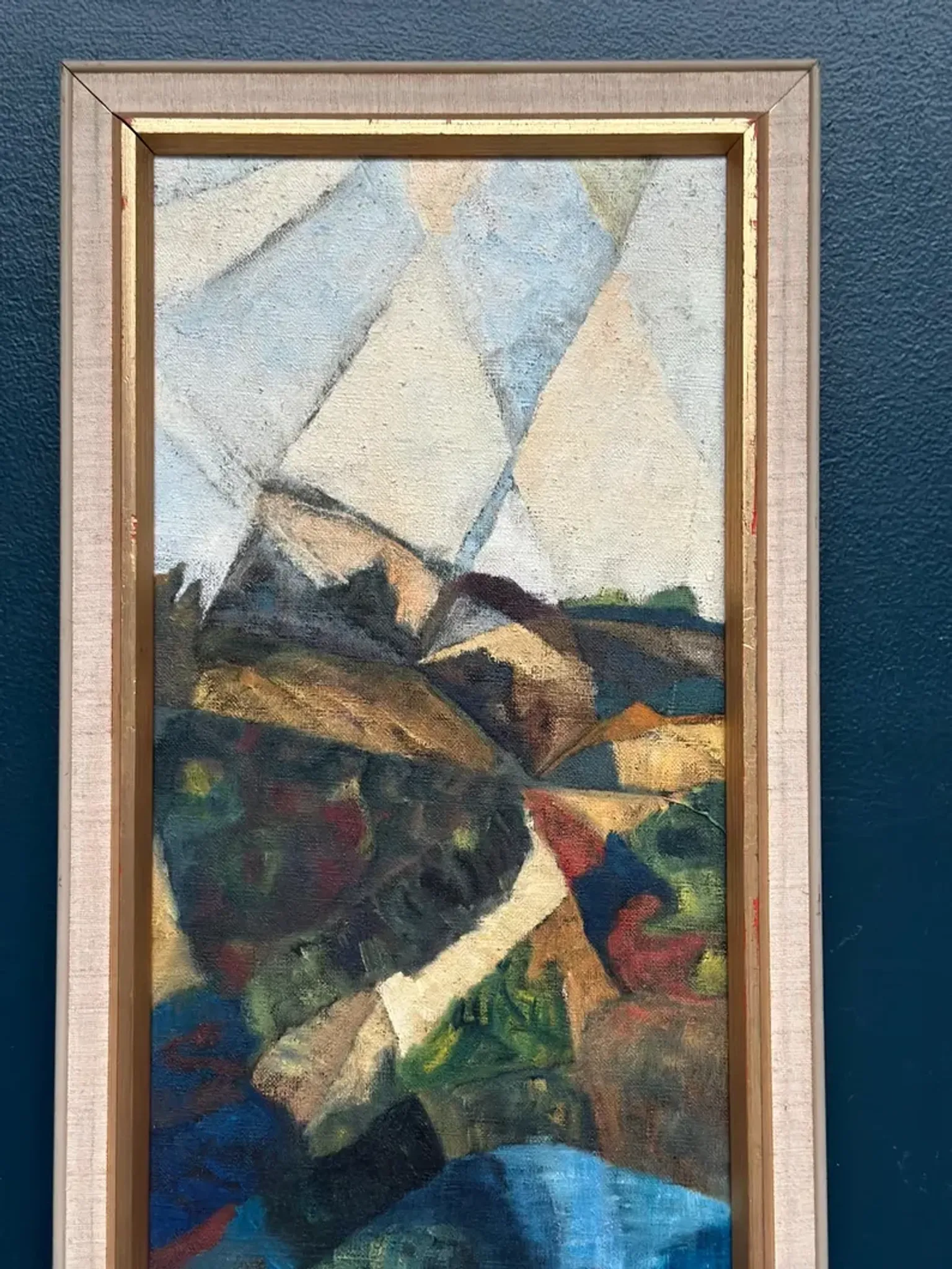 Large Original Swedish Oil on Canvas – “Cubist Landscape” by Kjell Lindberg – Signed – Vintage & Framed