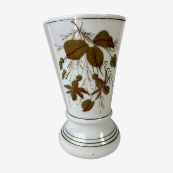 Large white opaline vase with brown, golden leaves