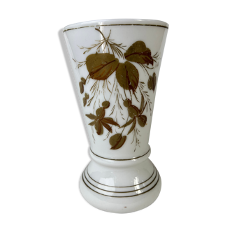 Large white opaline vase with brown, golden leaves