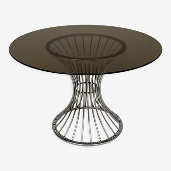 Space age chrome round dining table with smoked glas