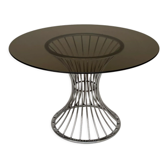 Table à manger ronde chromée space âge avec verre fumé