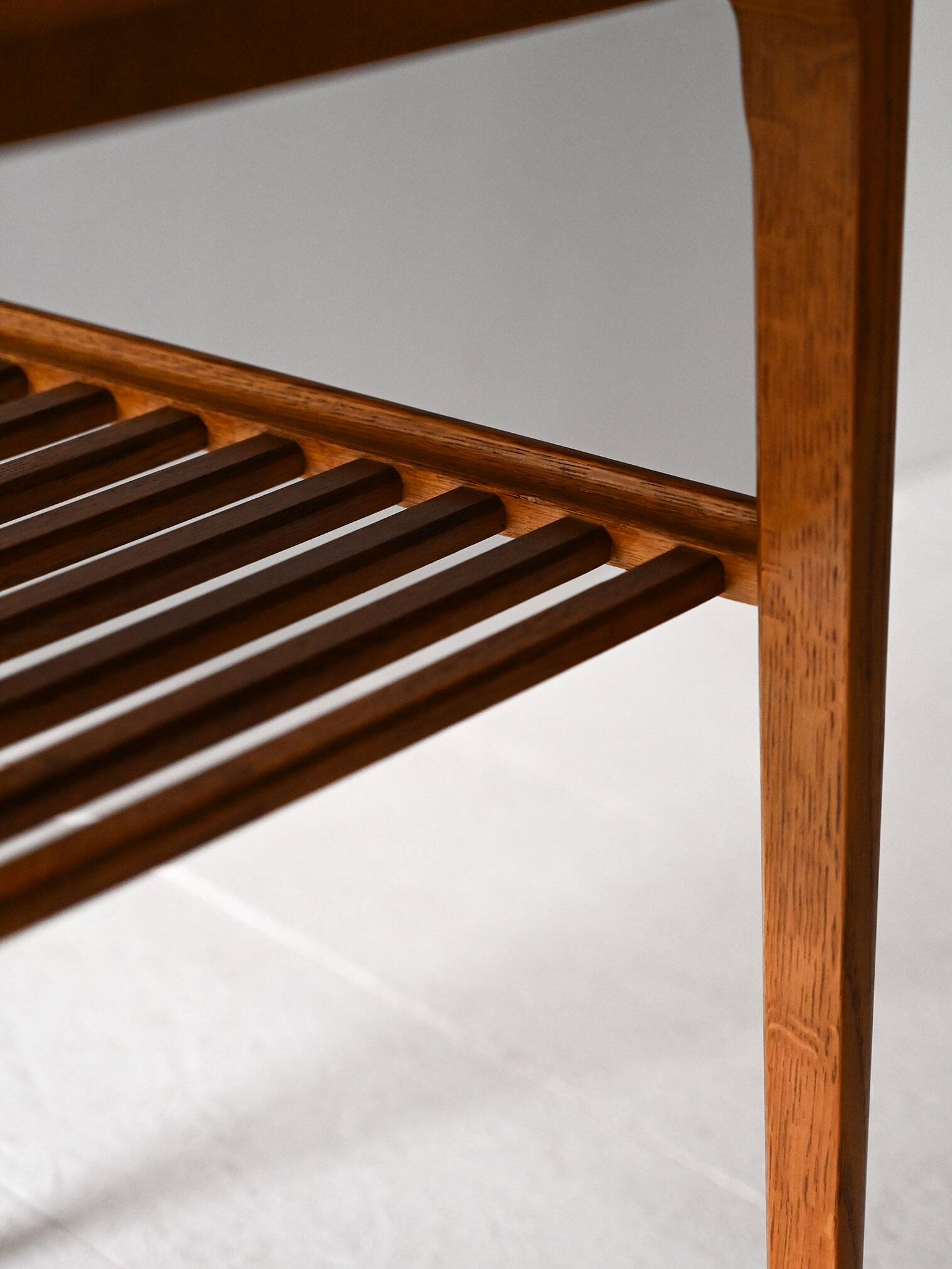 1960s Scandinavian oak coffee table with slatted shelf