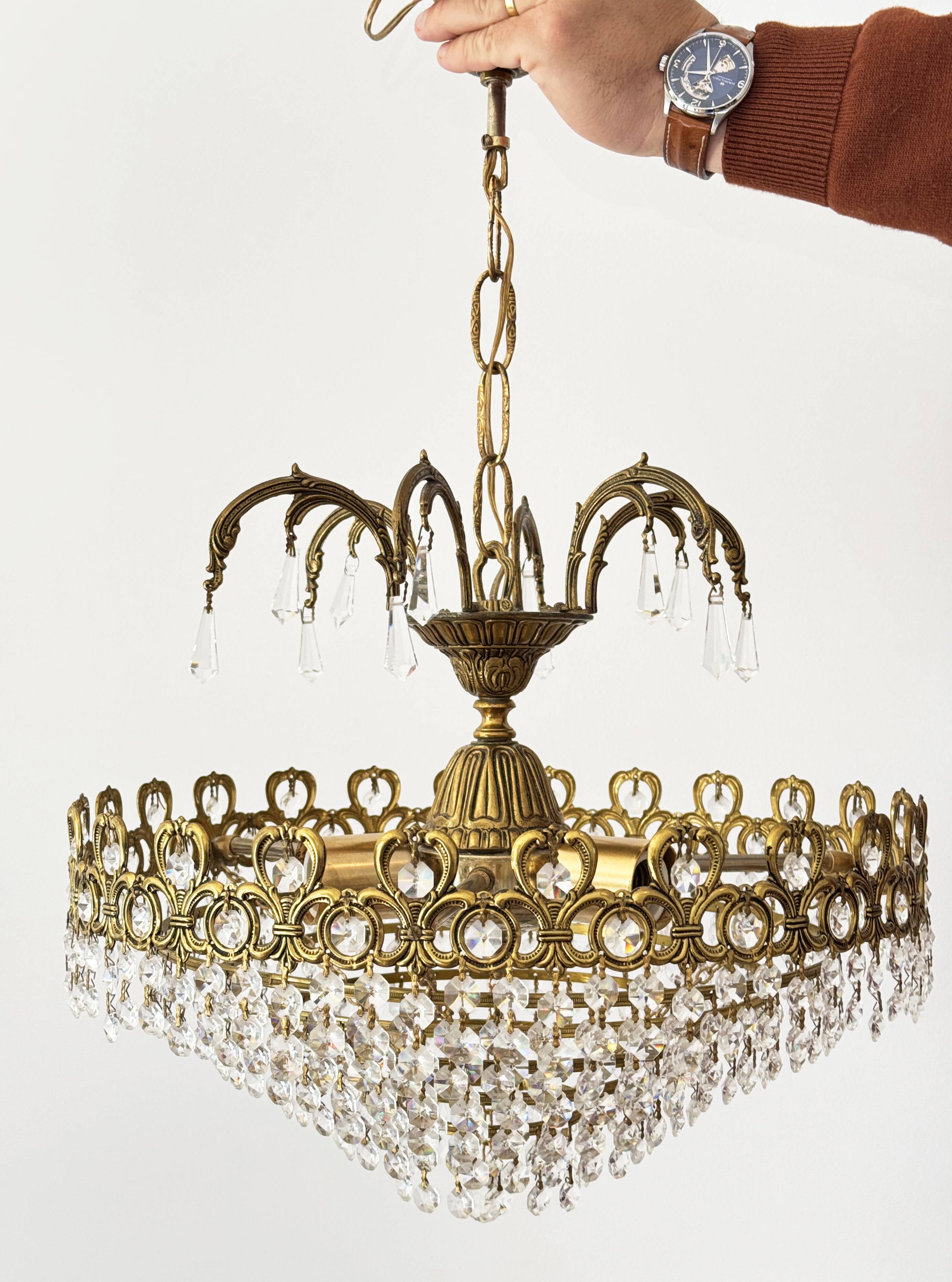 Brass and cut crystal basket chandelier, Empire style.