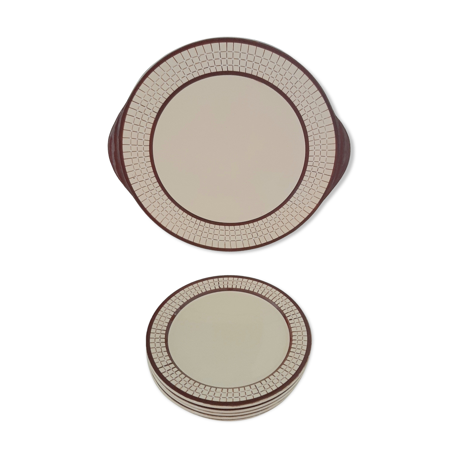 5 assiettes à dessert et plat faïencerie Longchamp modèle Colmar années 50