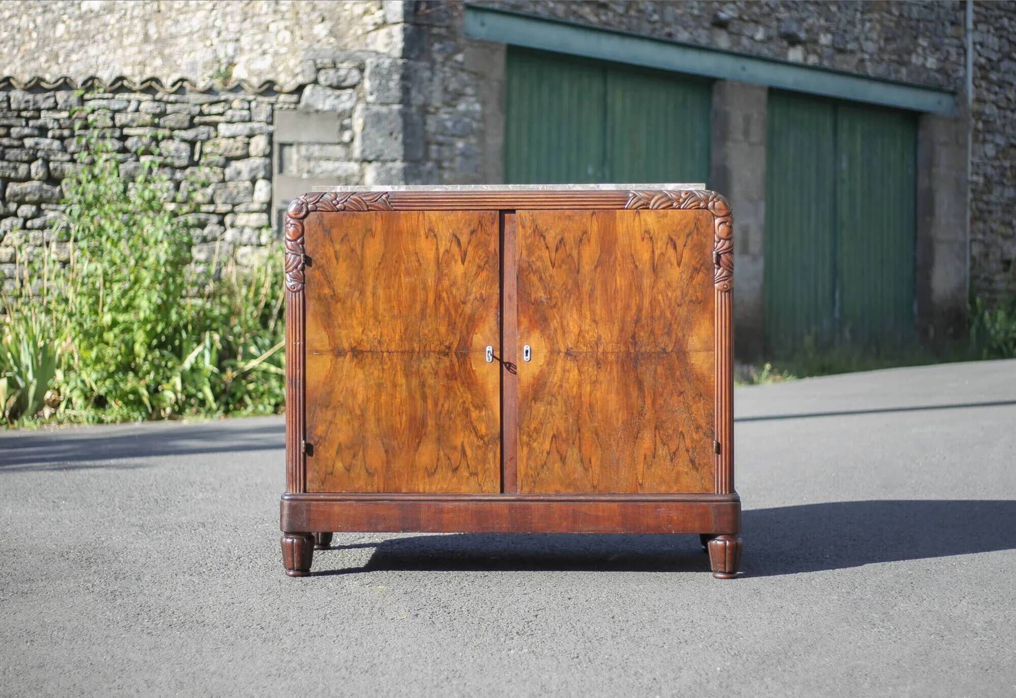 Art Deco buffet with 2 doors, wooden and marble Art Deco furniture.