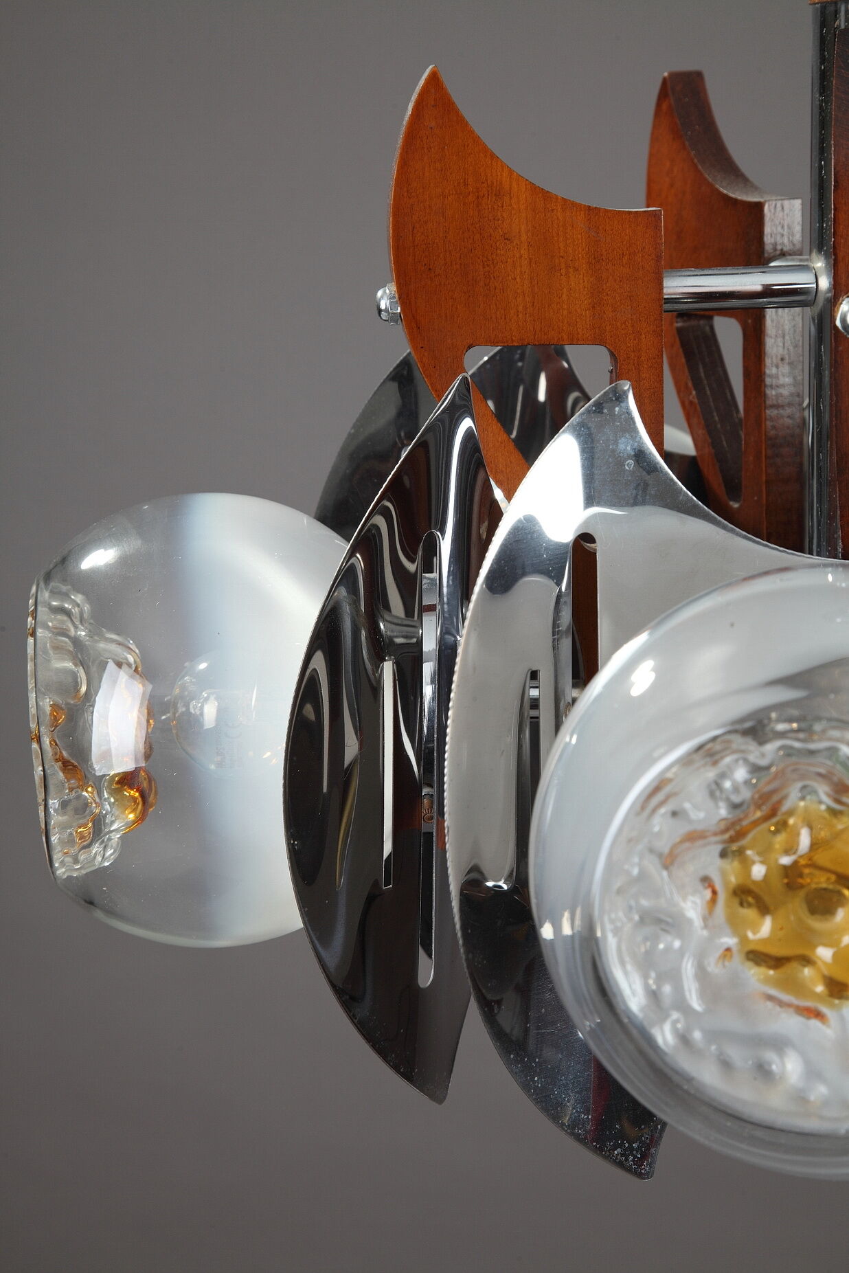 Mazzega chandelier in murano glass, chrome and wood, 1970's