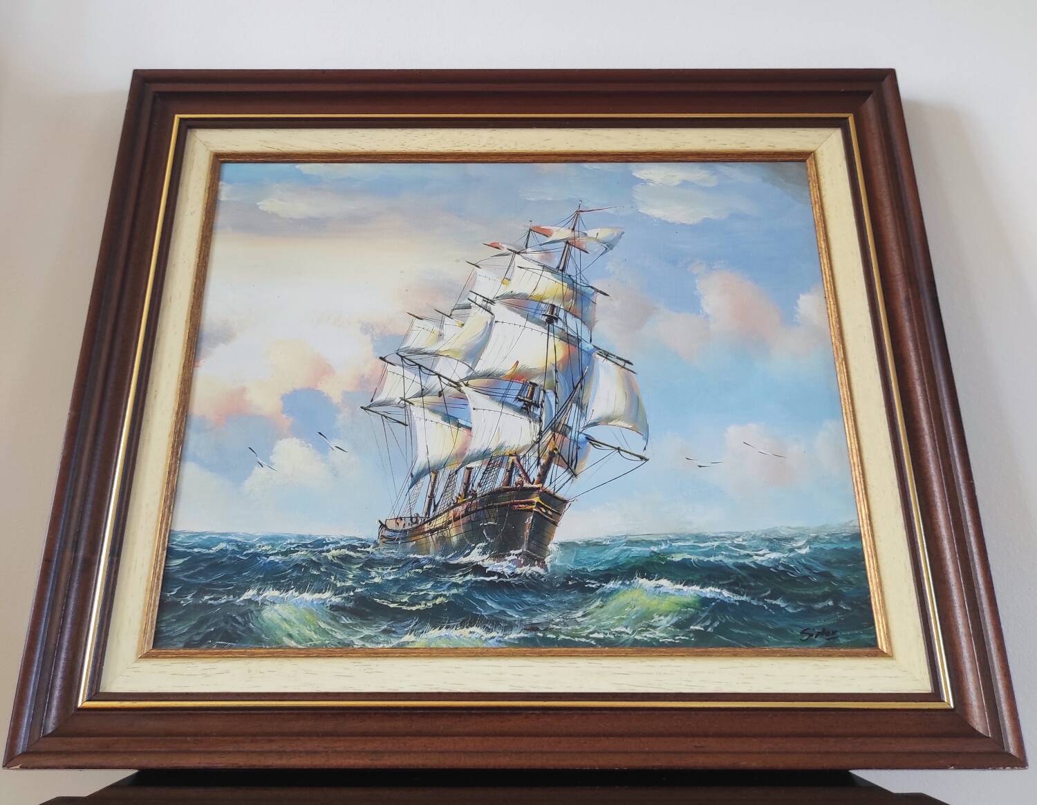 Vintage painting on canvas "Marine / Sailboat" signed Simon