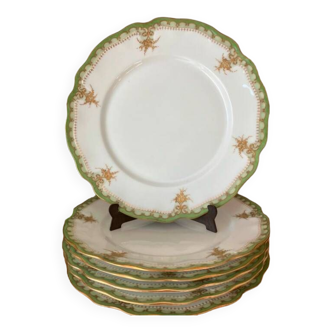 Vintage-Lot de 6 assiettes plates vertes à dorures-Porcelaine de Limoges