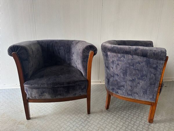 Paire de fauteuils tonneau vintage en velours bleu gris - année 50/60