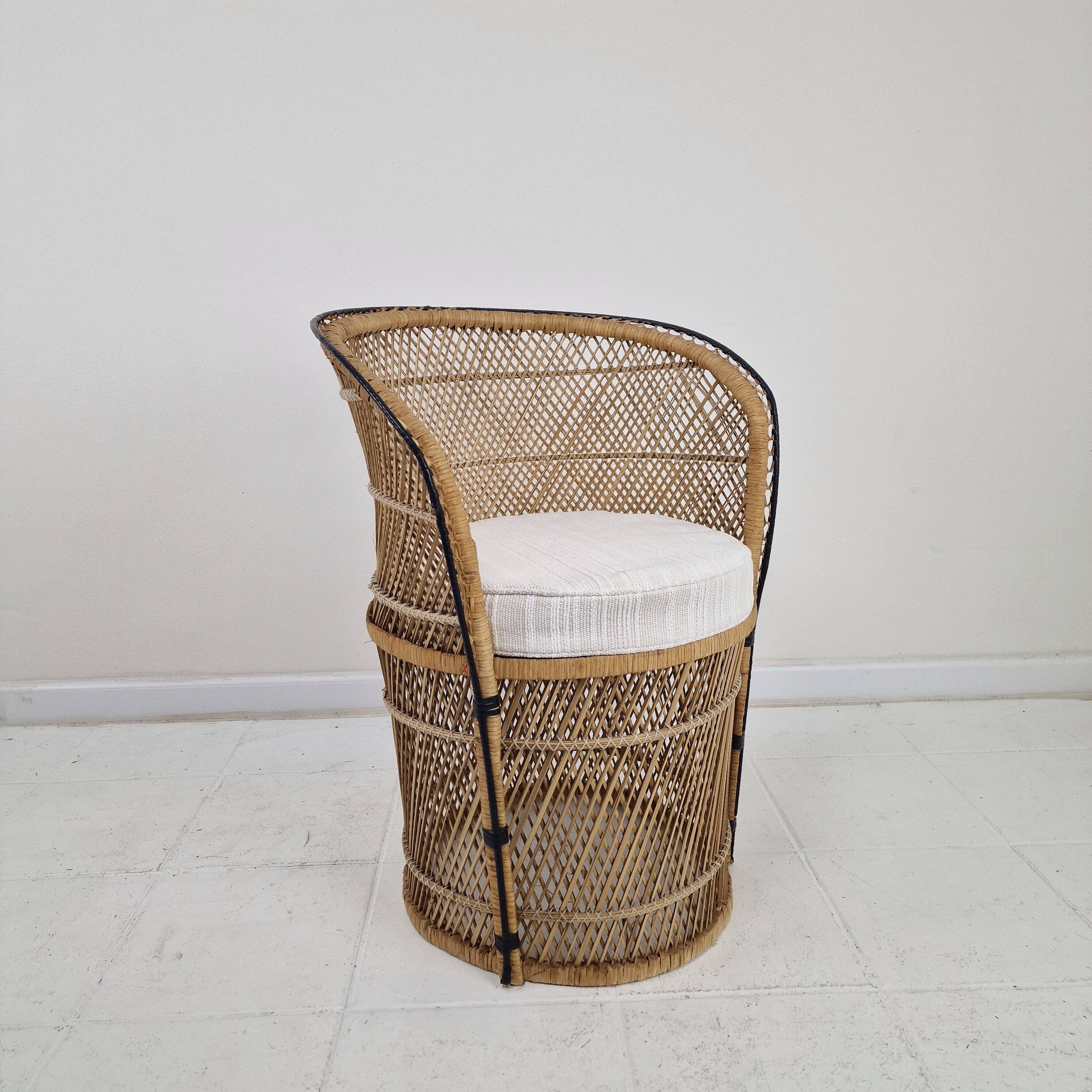 Boho Chic Rattan Barrel Chair with Custom Outdoor Cushion 1970's