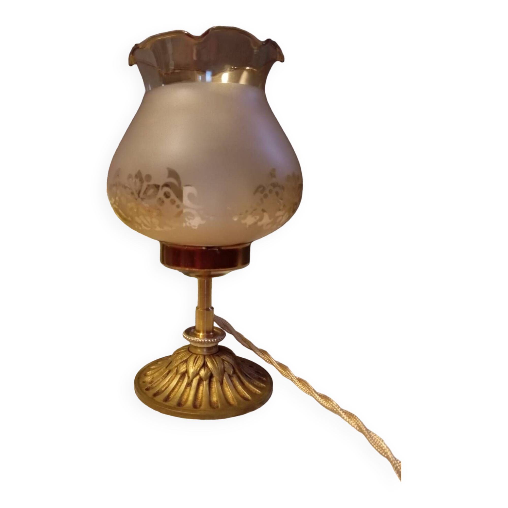 Lampe de table pied bronze, abat jour ambré satiné, vers 1960