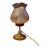 Bronze foot table lamp, satin amber lampshade, circa 1960