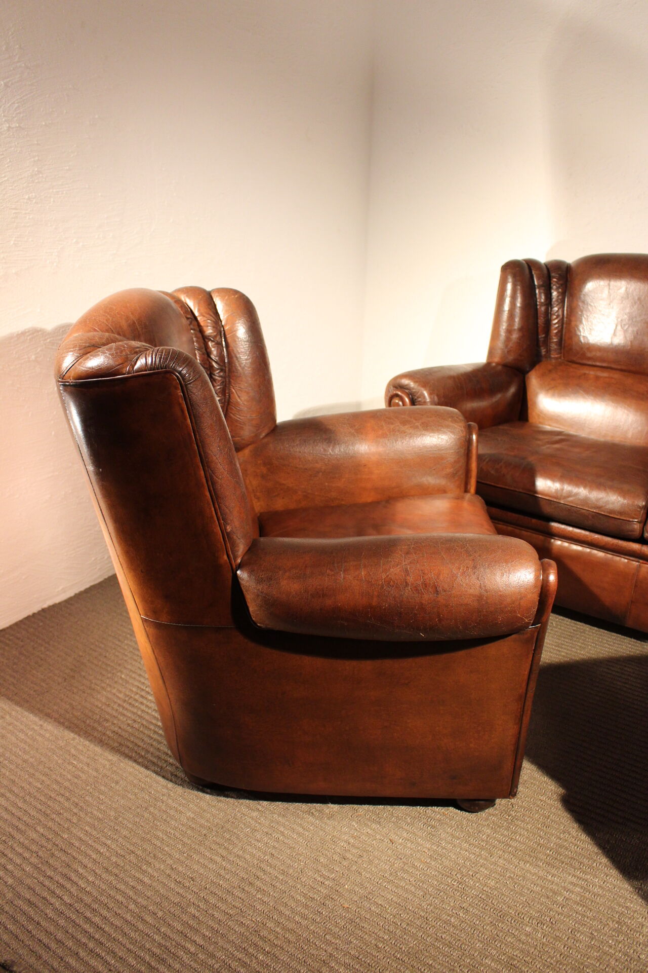 Set of 3 armchair, english leather, 1950s