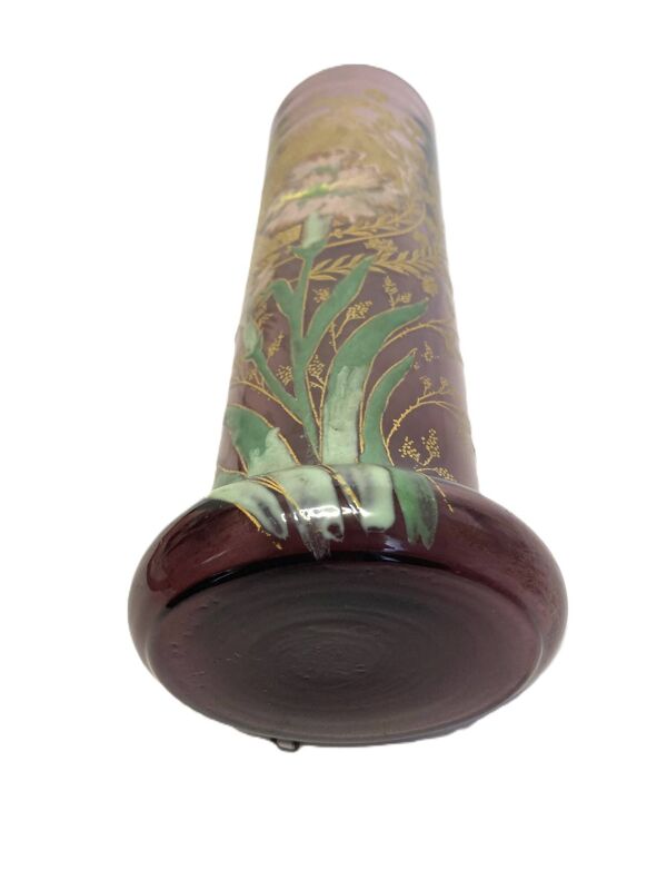 Legras Montjoye, vase violet verre émaillé œillet vers 1900