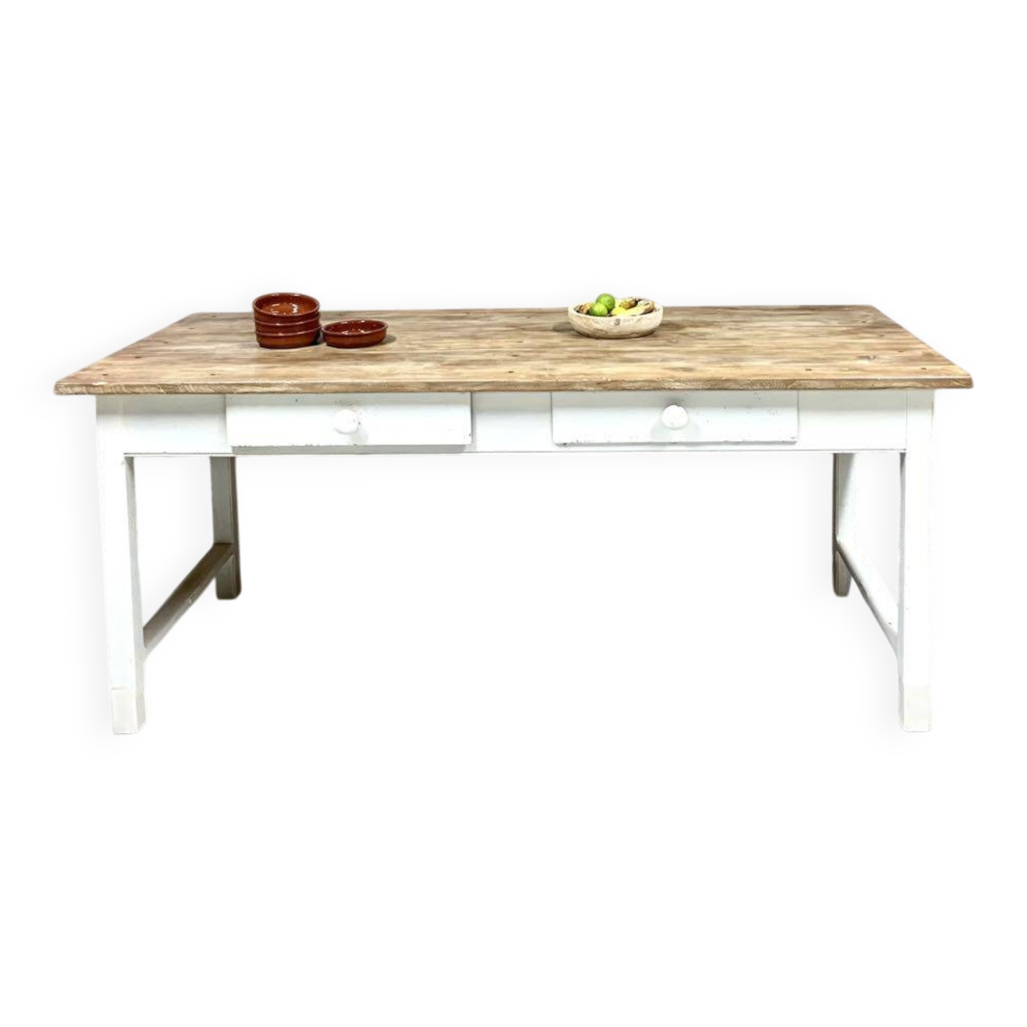 Farm table with off-white legs.