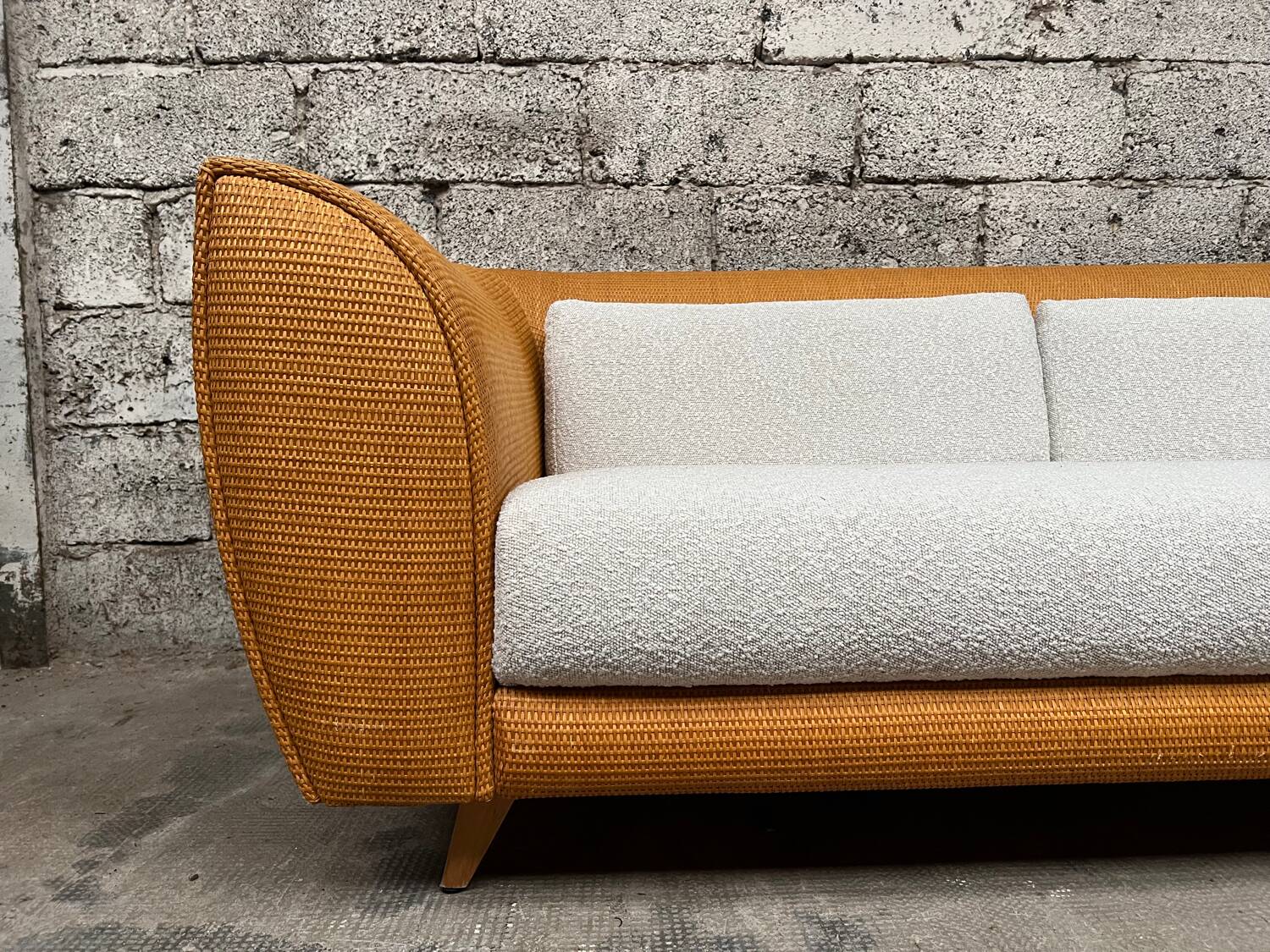 Vintage rattan sofa design 1970 ecru French terry fabric