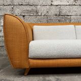 Vintage rattan sofa design 1970 ecru French terry fabric