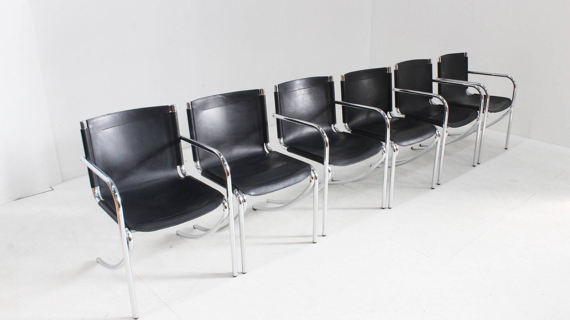 Giotto Stoppino black leather and chrome vintage dining chairs model Jot