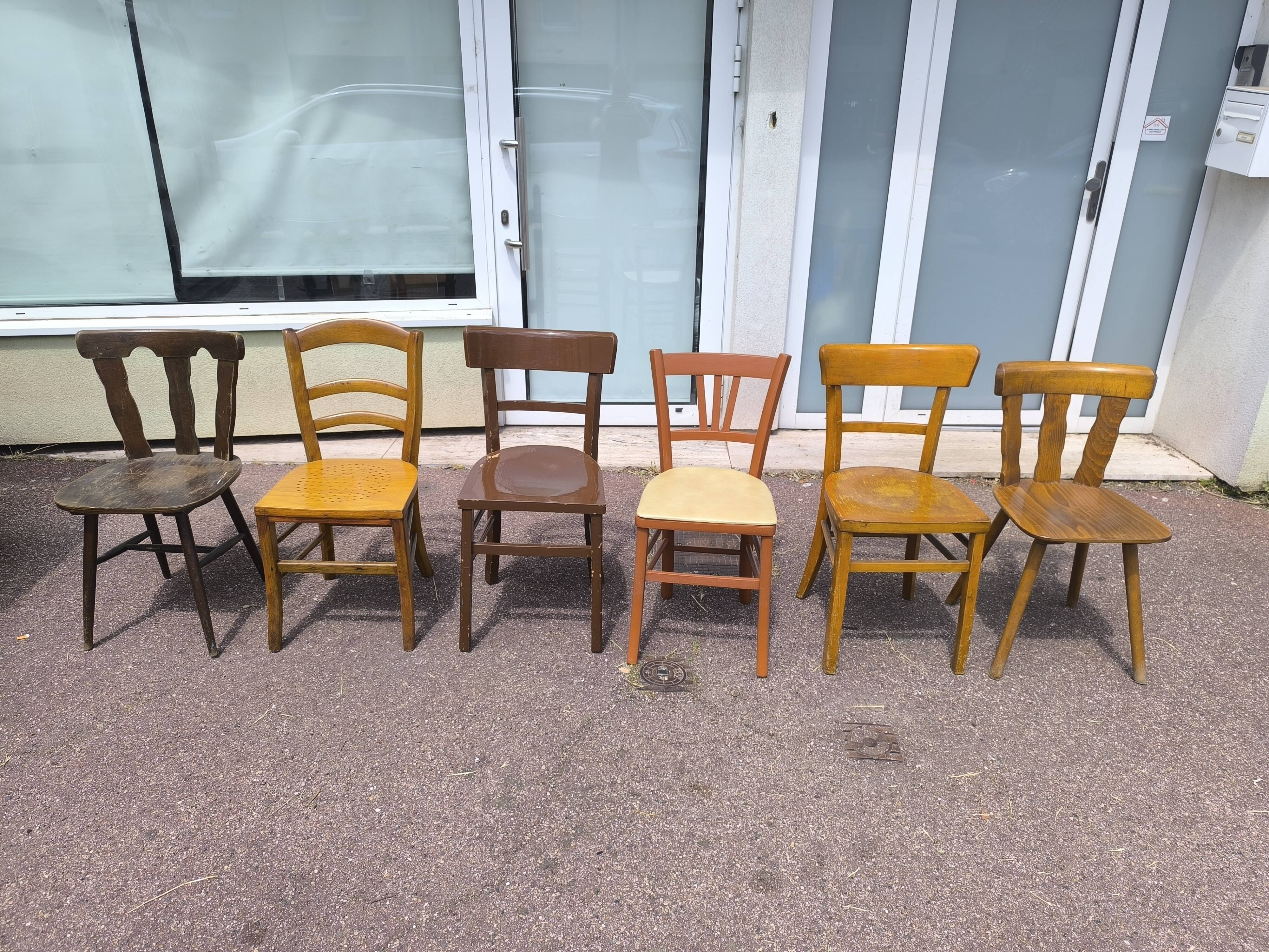Set of 6 mismatched vintage wooden bistro chairs