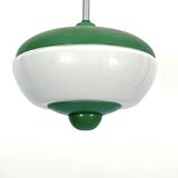 Mid-Century green lacquer and milk glass pendant. Italy 1950s