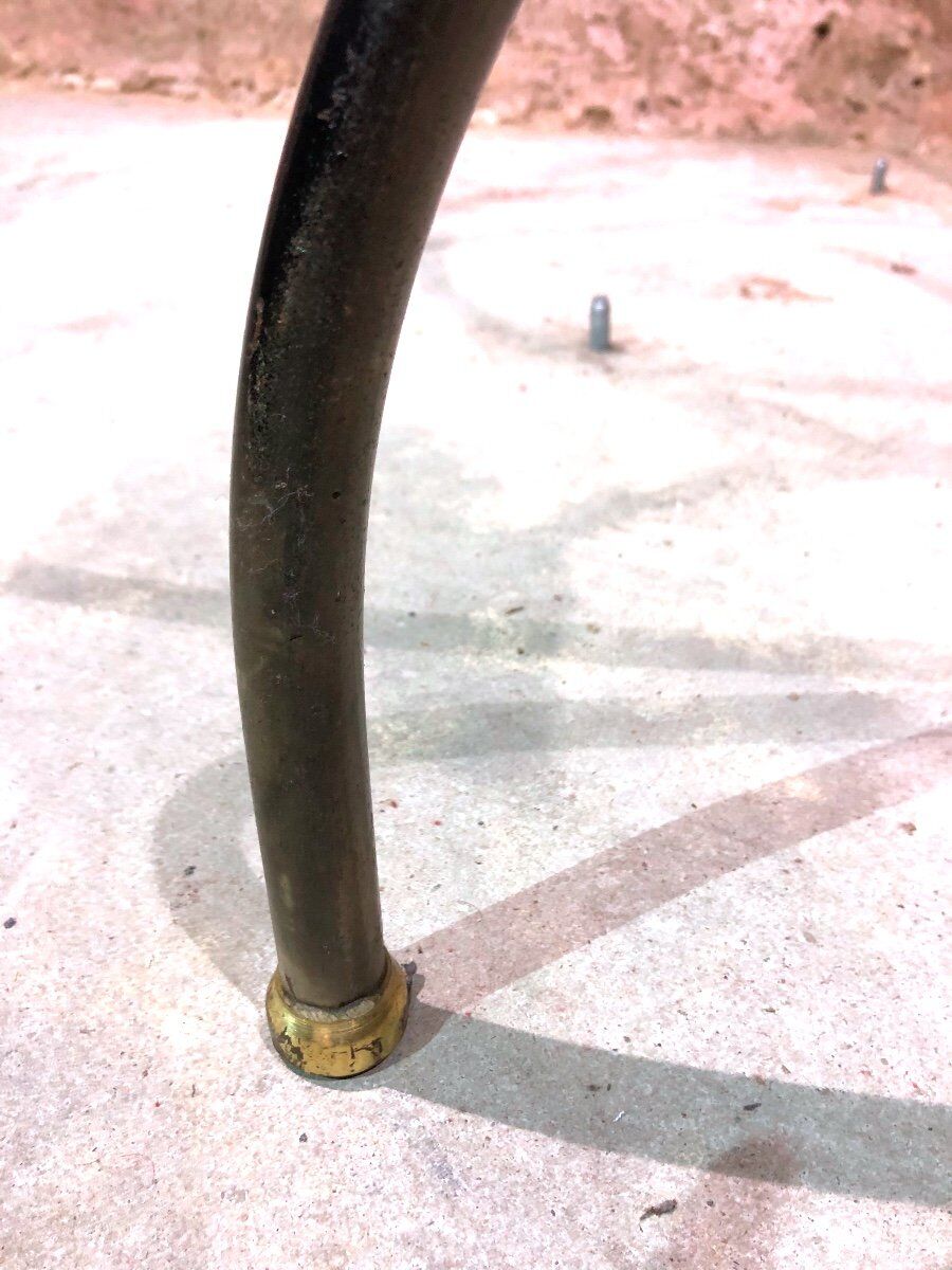 Dining room table base wrought iron and brass, glass top., 1980s