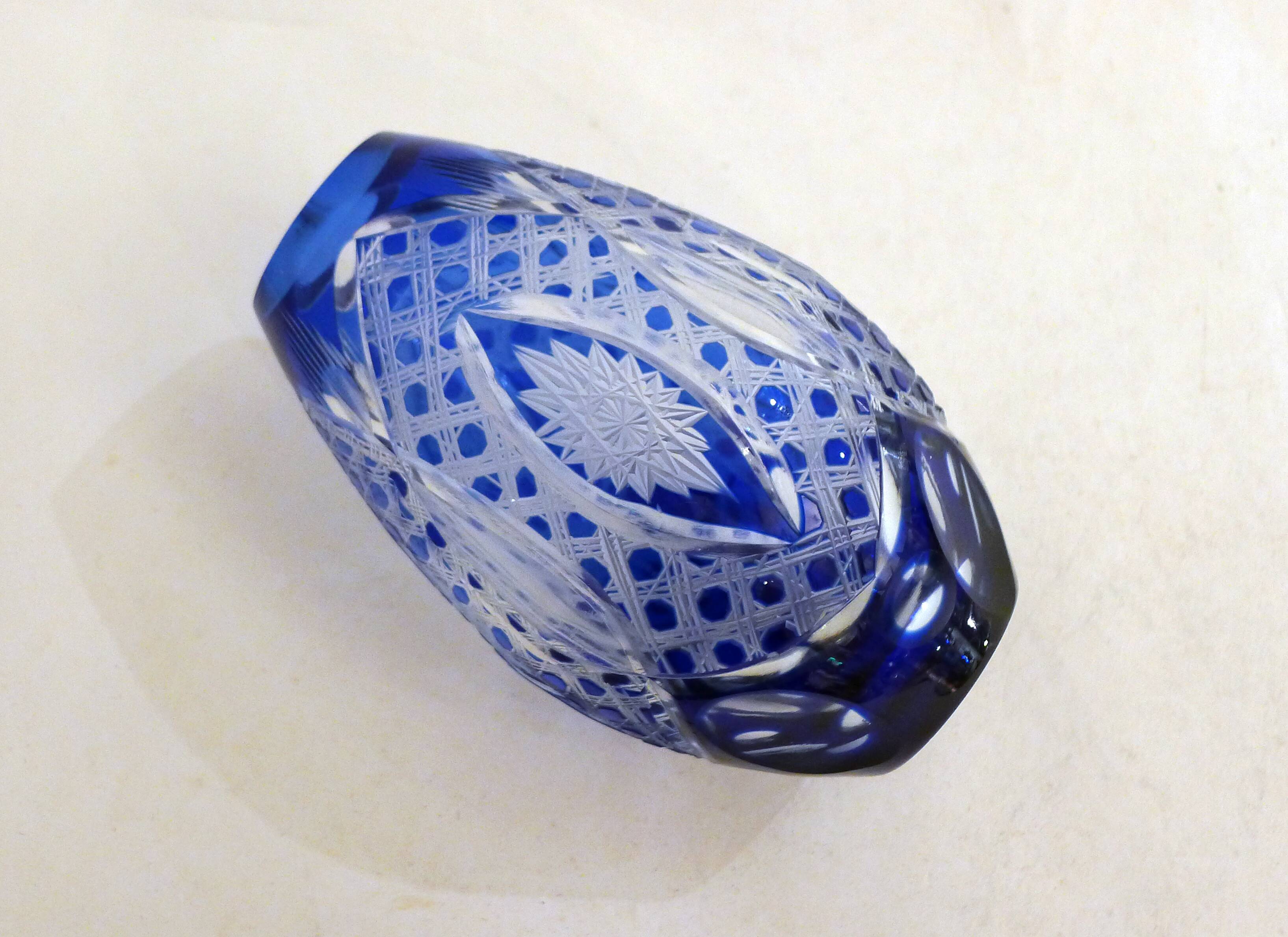 Small Bohemian crystal vase, cut with cobalt lining