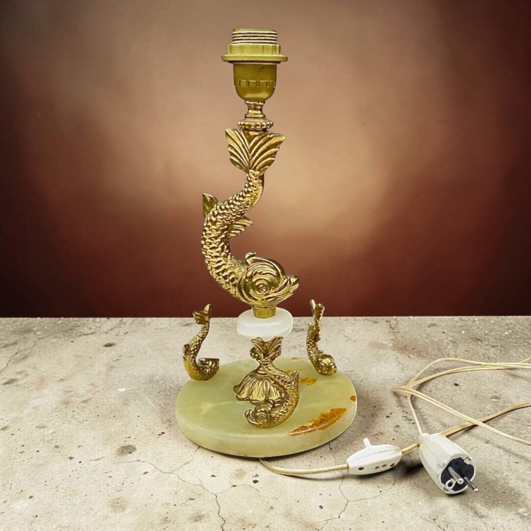 Vintage fish lamp in brass and onyx – H61 cm