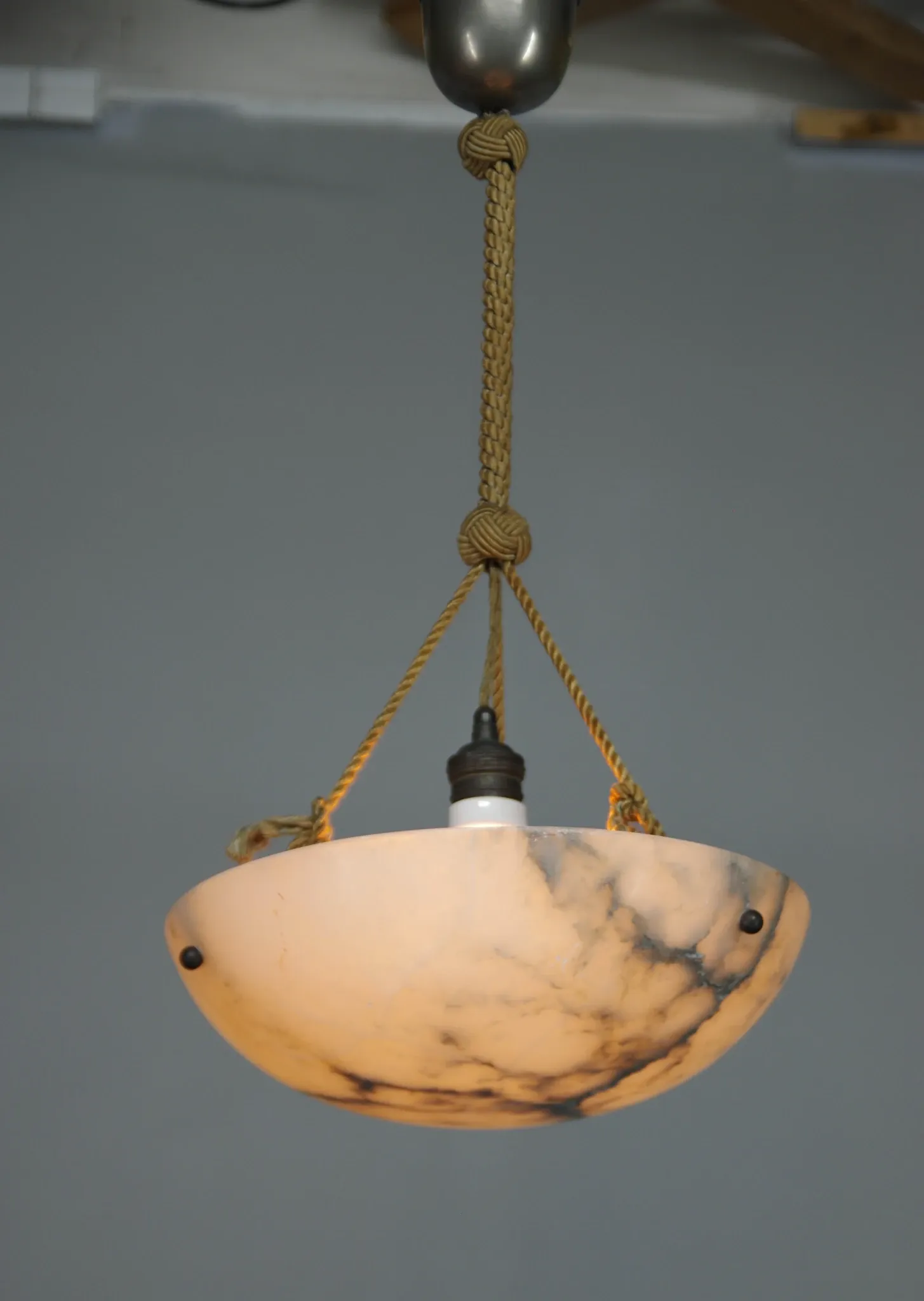 Art Deco Alabaster Pendant Light, Hand-Carved, 1920s